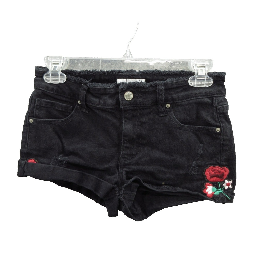 Black Daisy Women's Boyfriend Shorts Size 1/25 Black Denim Floral Embroidered